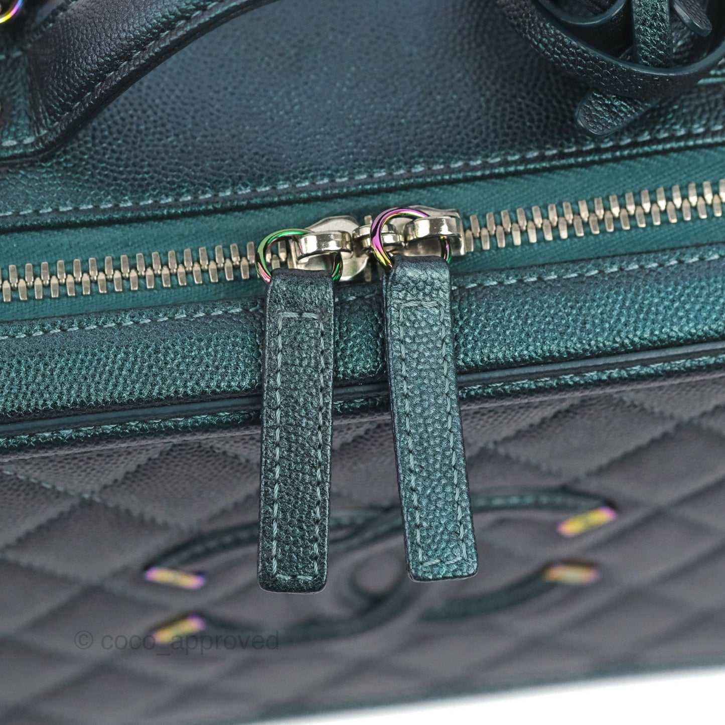 Chanel Quilted Medium CC Filigree Vanity Case Iridescent Dark Turquoise Caviar Rainbow Hardware