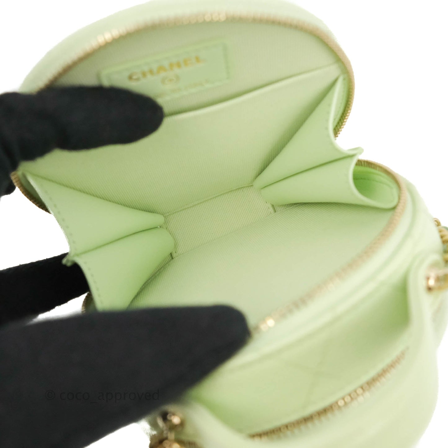 Chanel Mini Round Vanity Bag Handle With Care Light Green Caviar 22C