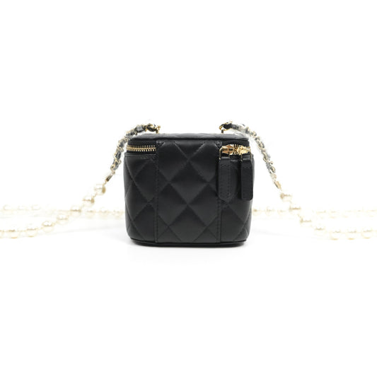 Chanel Mini Vanity With Pearl Chain Black Lambskin Gold Hardware