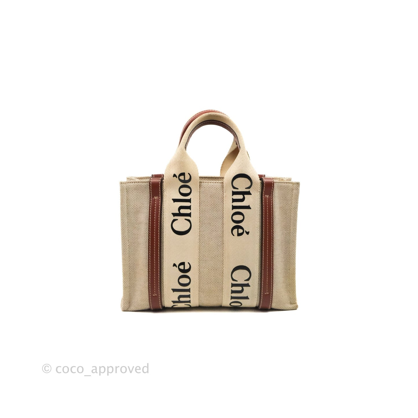 Chloe Small Woody Tote Bag Cotton Canvas & Brown Calfskin with Woody Ribbon