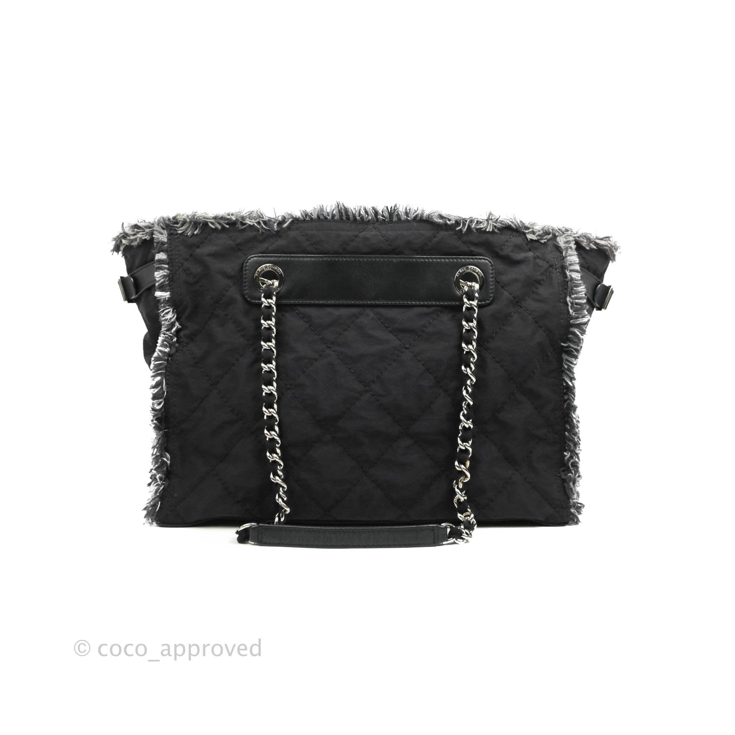 Chanel Quilted Trim Tweed Tote Black Fabric Silver Hardware