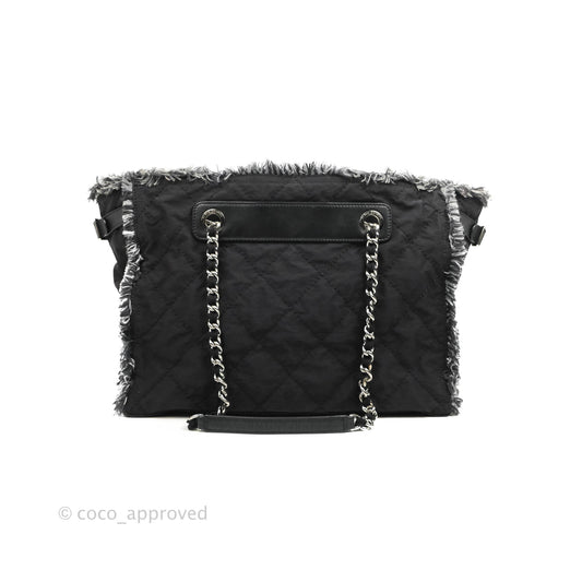 Chanel Quilted Trim Tweed Tote Black Fabric Silver Hardware