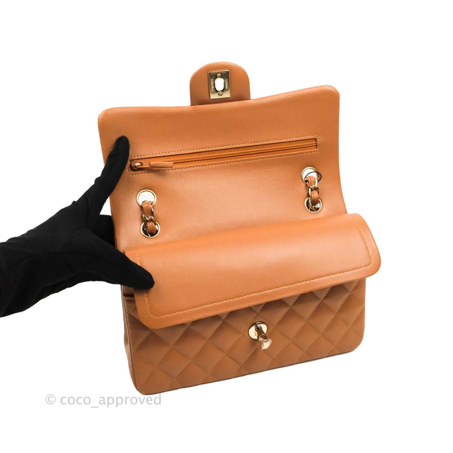 Chanel Small Classic Quilted Flap Dark Beige Caramel Lambskin Gold Hardware 22S