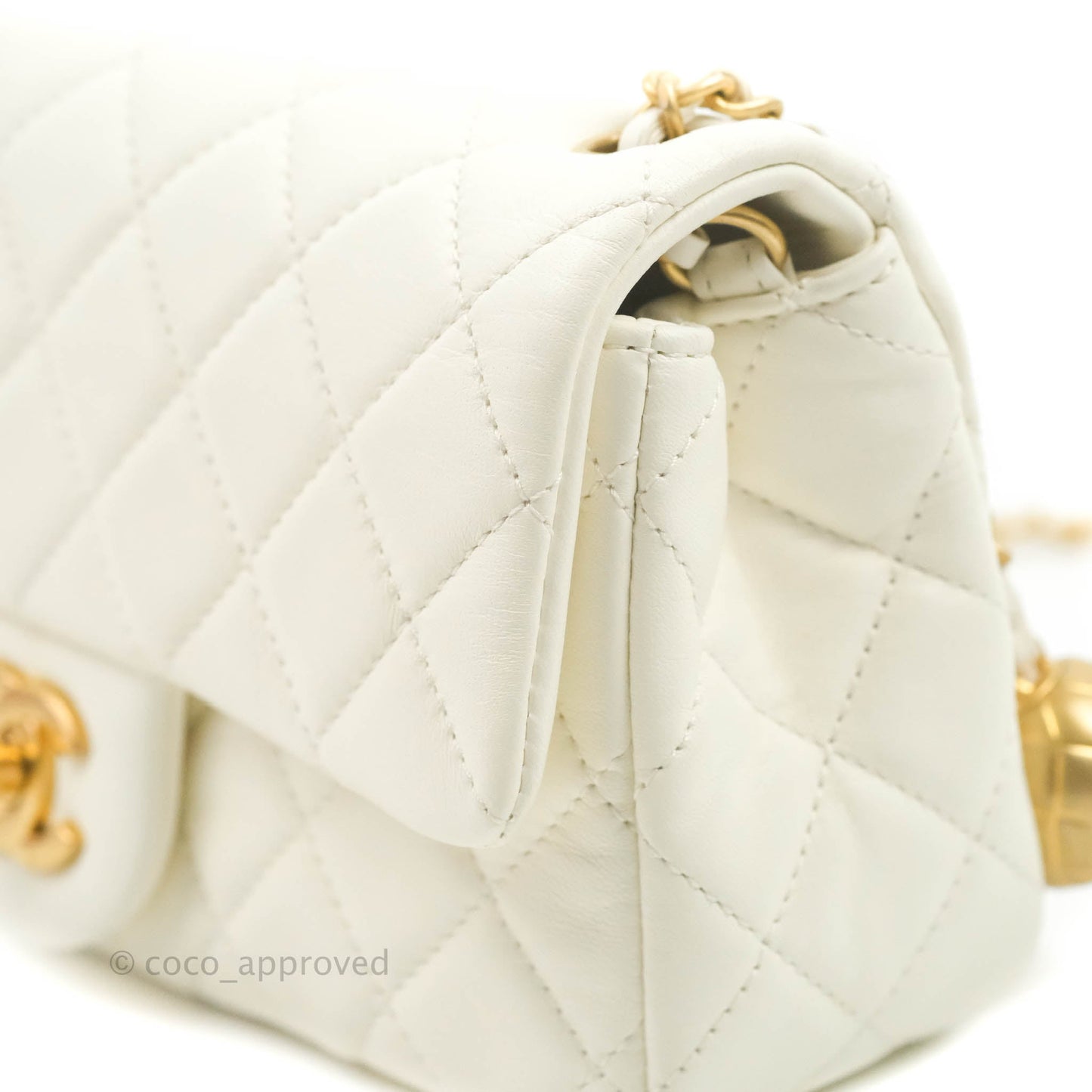 Chanel Mini Rectangular Pearl Crush Quilted White Lambskin Aged Gold Hardware