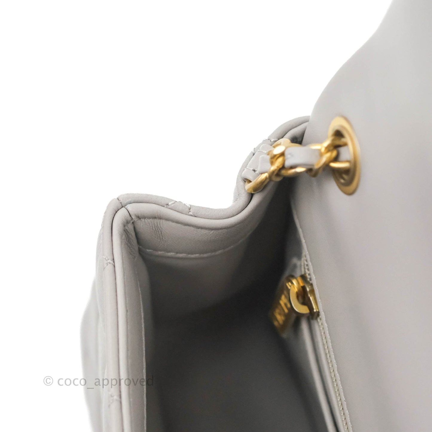 Chanel Mini Rectangular Pearl Crush Quilted Light Grey Lambskin Aged Gold Hardware 22B