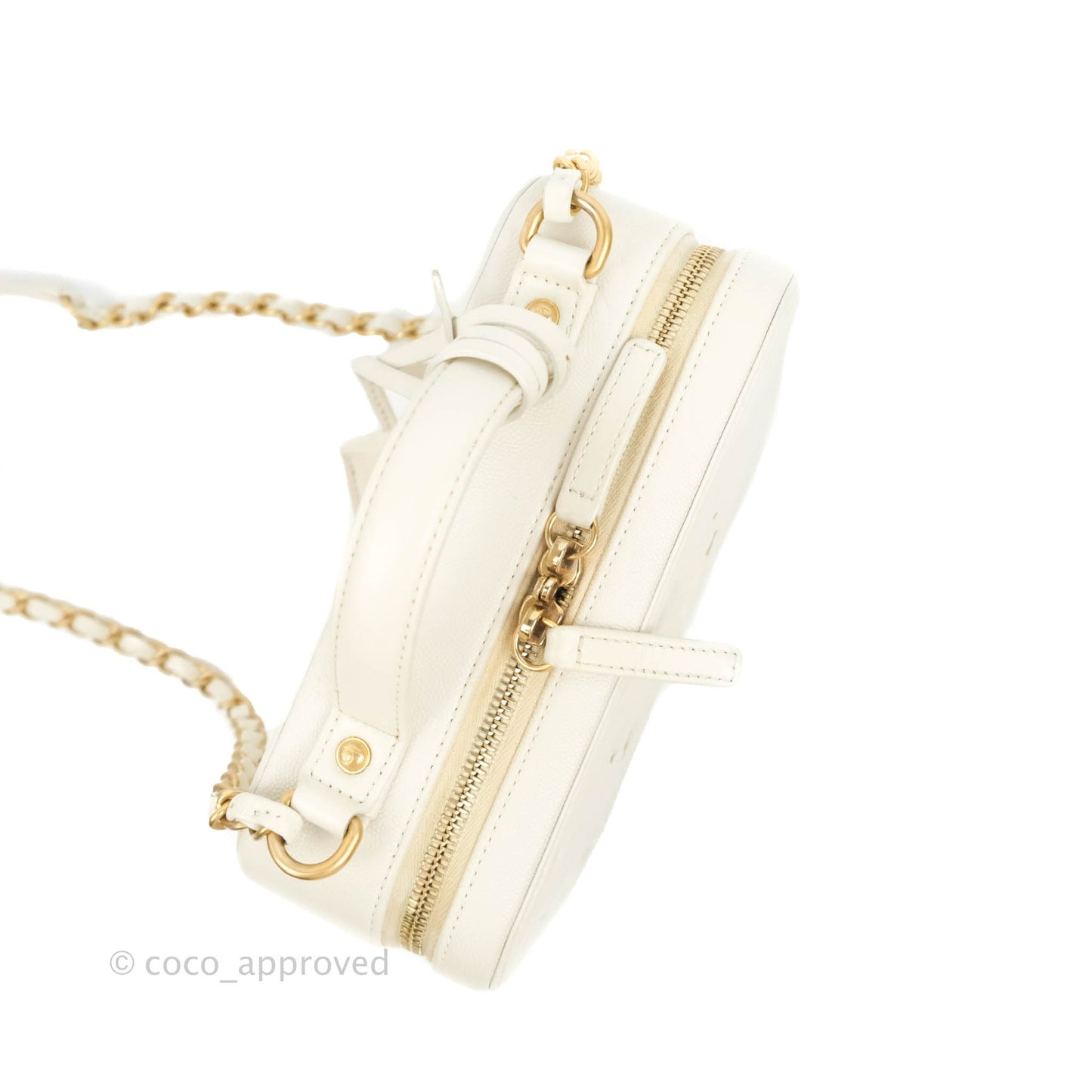 Chanel Quilted Medium CC Filigree Vanity Case White Caviar Aged Gold Hardware