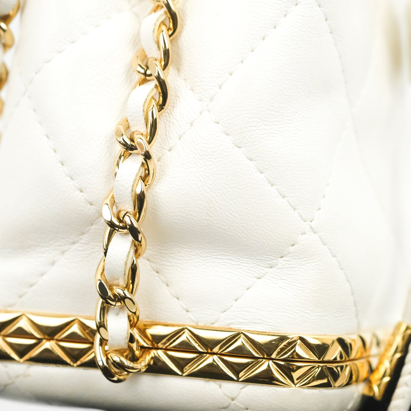 Chanel Quilted Small Drawstring Bucket Bag White Calfskin Gold Hardware