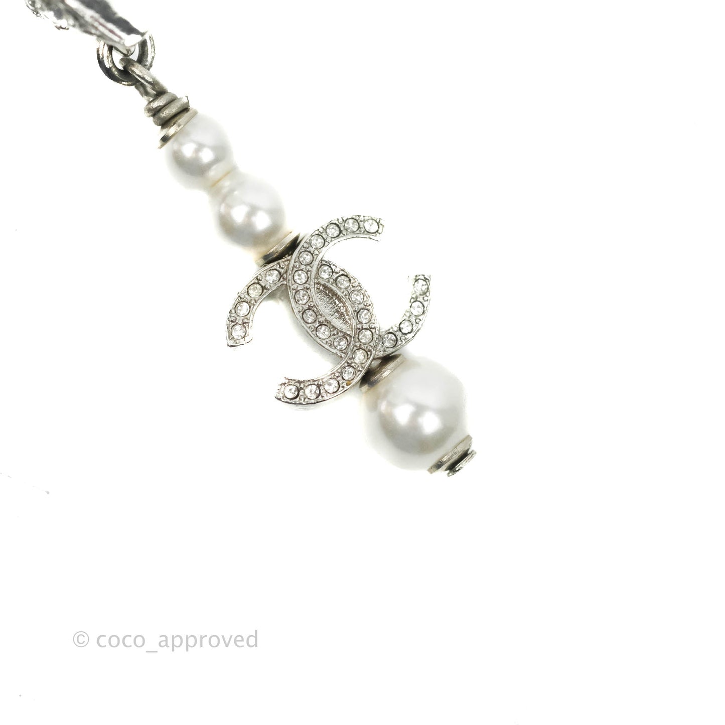 Chanel Crystal Pearl CC Star Drop Earrings Silver