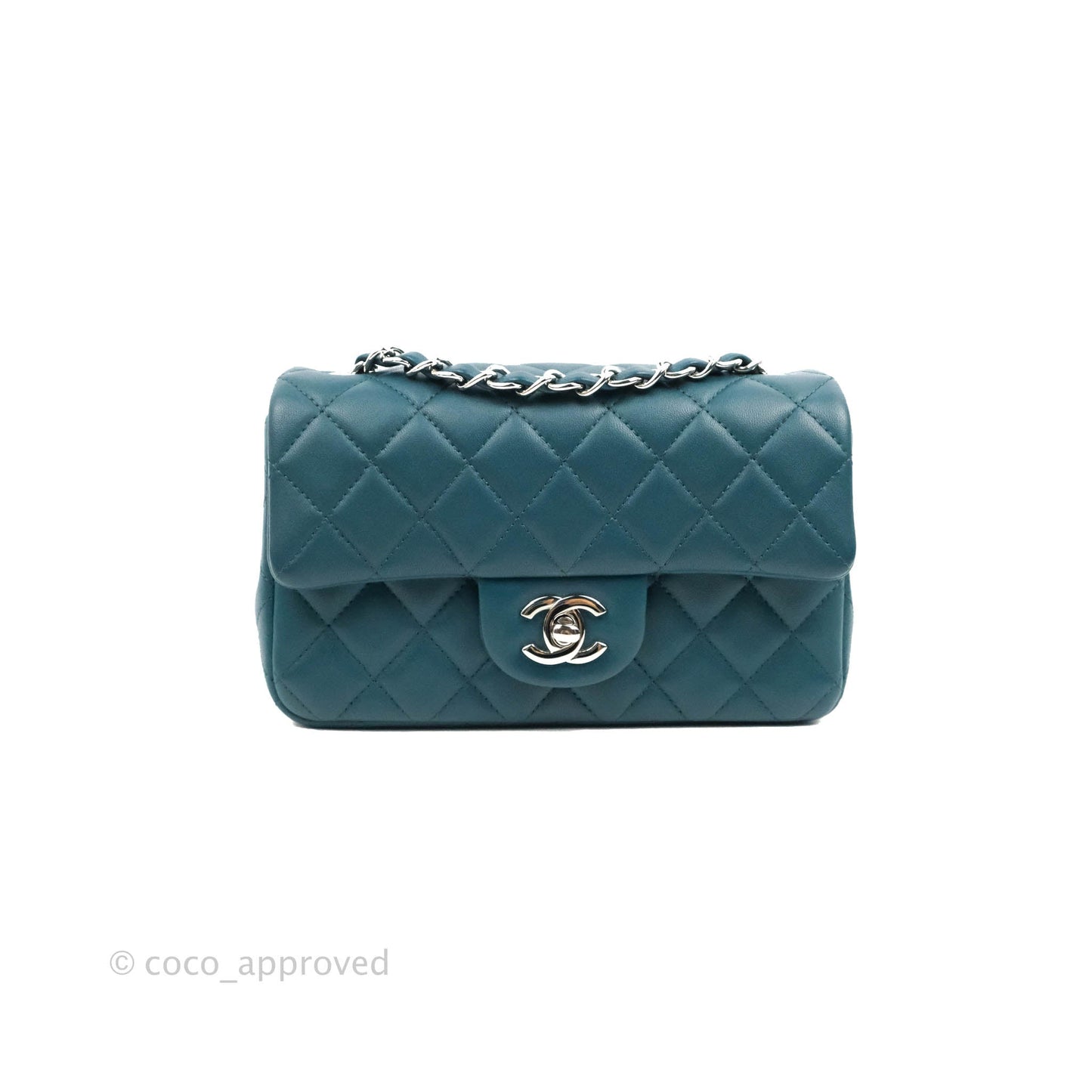 Chanel Quilted Mini Rectangular Flap Teal Lambskin Silver Hardware