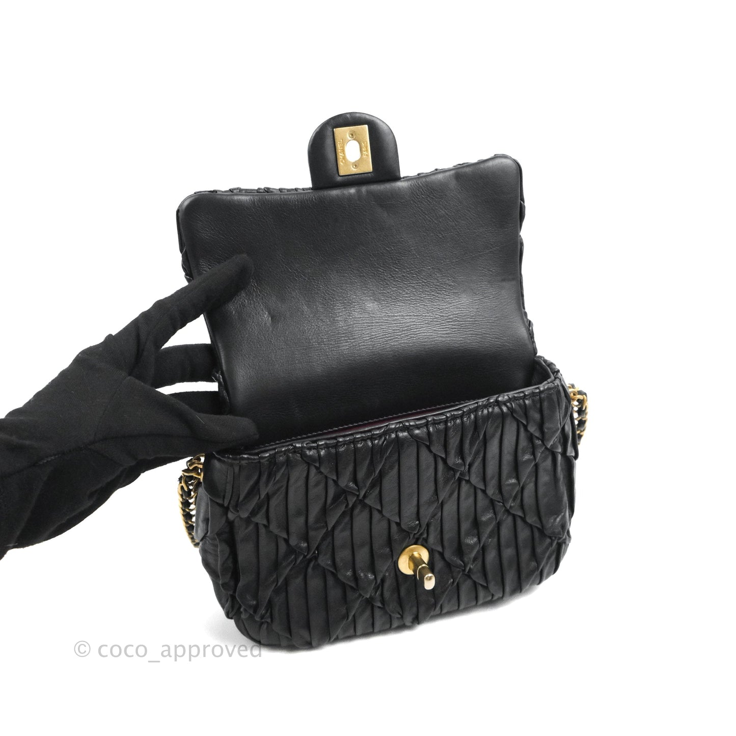 Chanel Small Coin Charm Flap Velvet Strap Black Lambskin Aged Gold Hardware