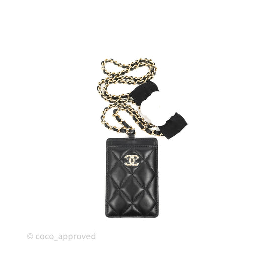 Chanel Quilted Chain Camellia Card Holder Black Lambskin Gold Hardware