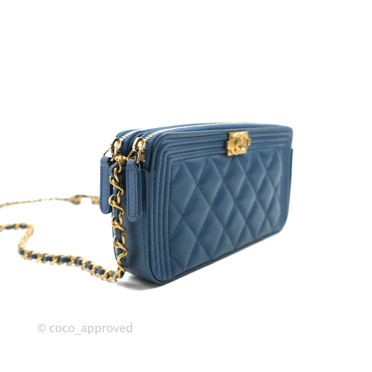 Chanel Boy Double Zip Clutch On Chain Blue Lambskin Aged Gold Hardware
