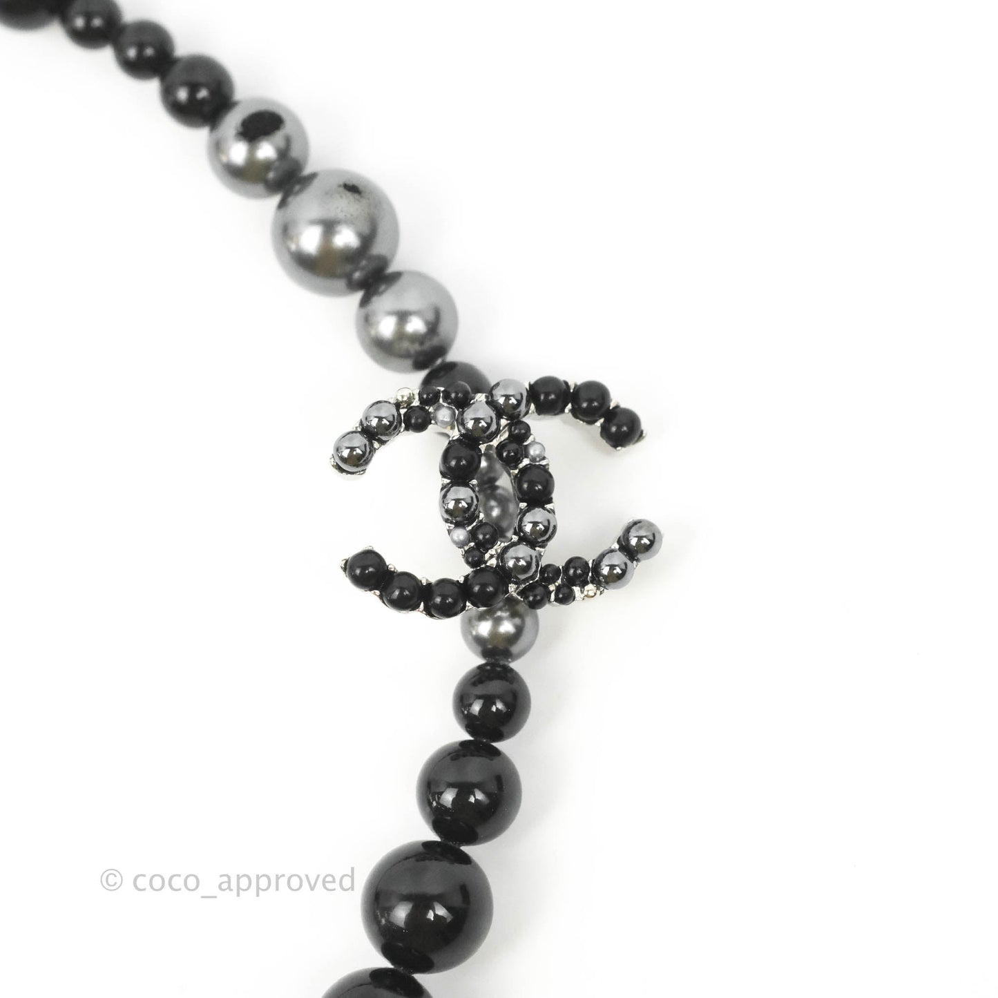 Chanel CC Resin Black Bead Necklace Silver Tone 14P