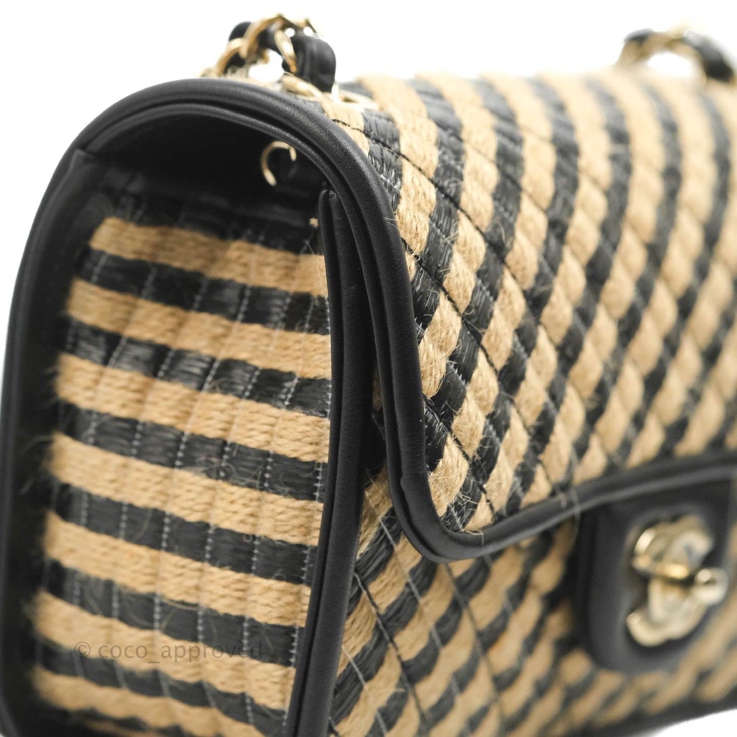 Chanel Quilted Mini Rectangular Flap Raffia Jute Thread Black & Beige Gold Hardware