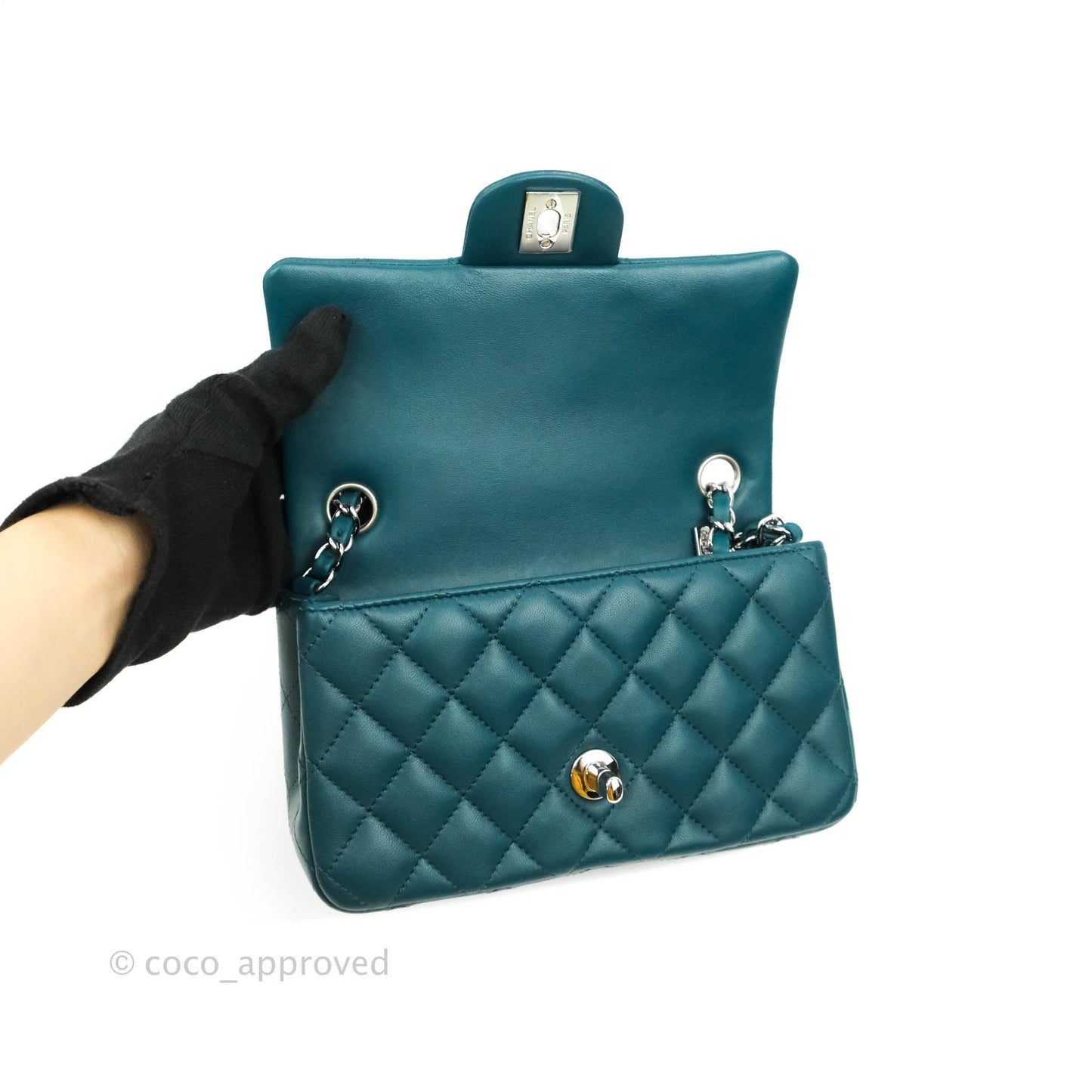 Chanel Quilted Mini Rectangular Lambskin Teal Silver Hardware