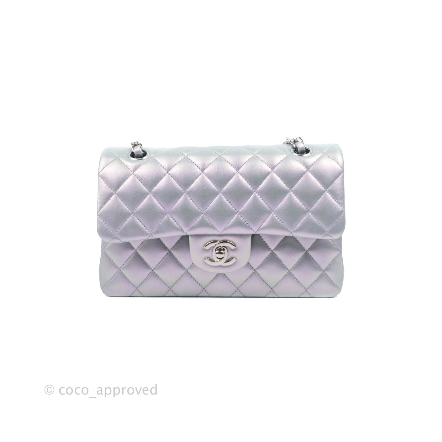 Chanel Small Classic Quilted Flap Metallic Iridescent White Lilac Silver Hardware