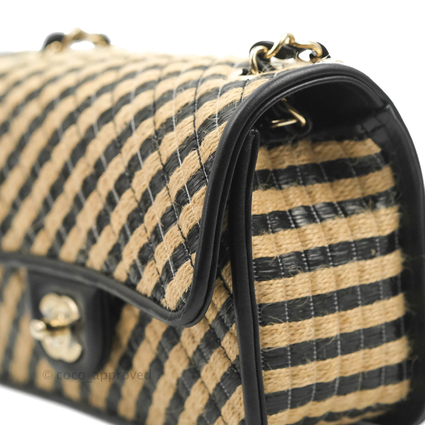 Chanel Quilted Mini Rectangular Flap Raffia Jute Thread Black & Beige Gold Hardware