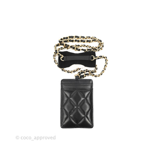 Chanel Quilted Chain Camellia Card Holder Black Lambskin Gold Hardware