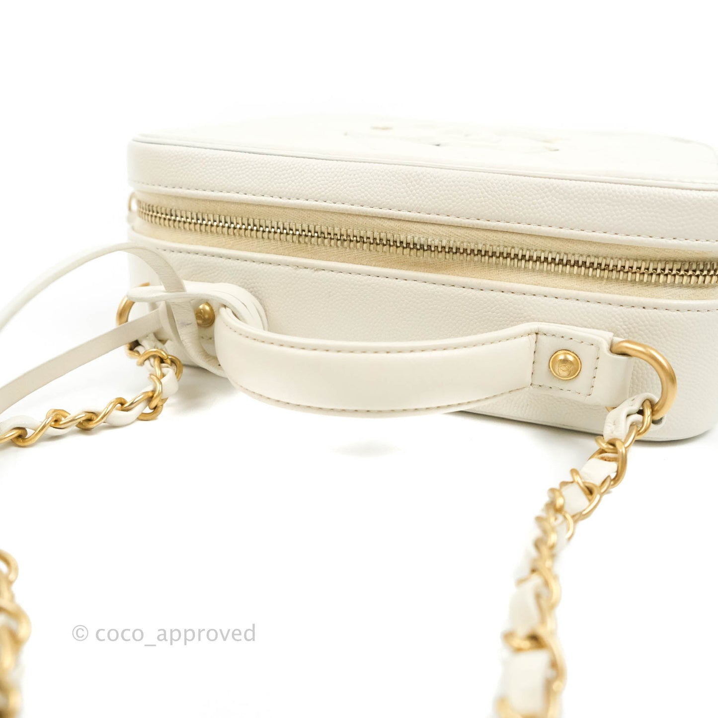 Chanel Quilted Medium CC Filigree Vanity Case White Caviar Aged Gold Hardware