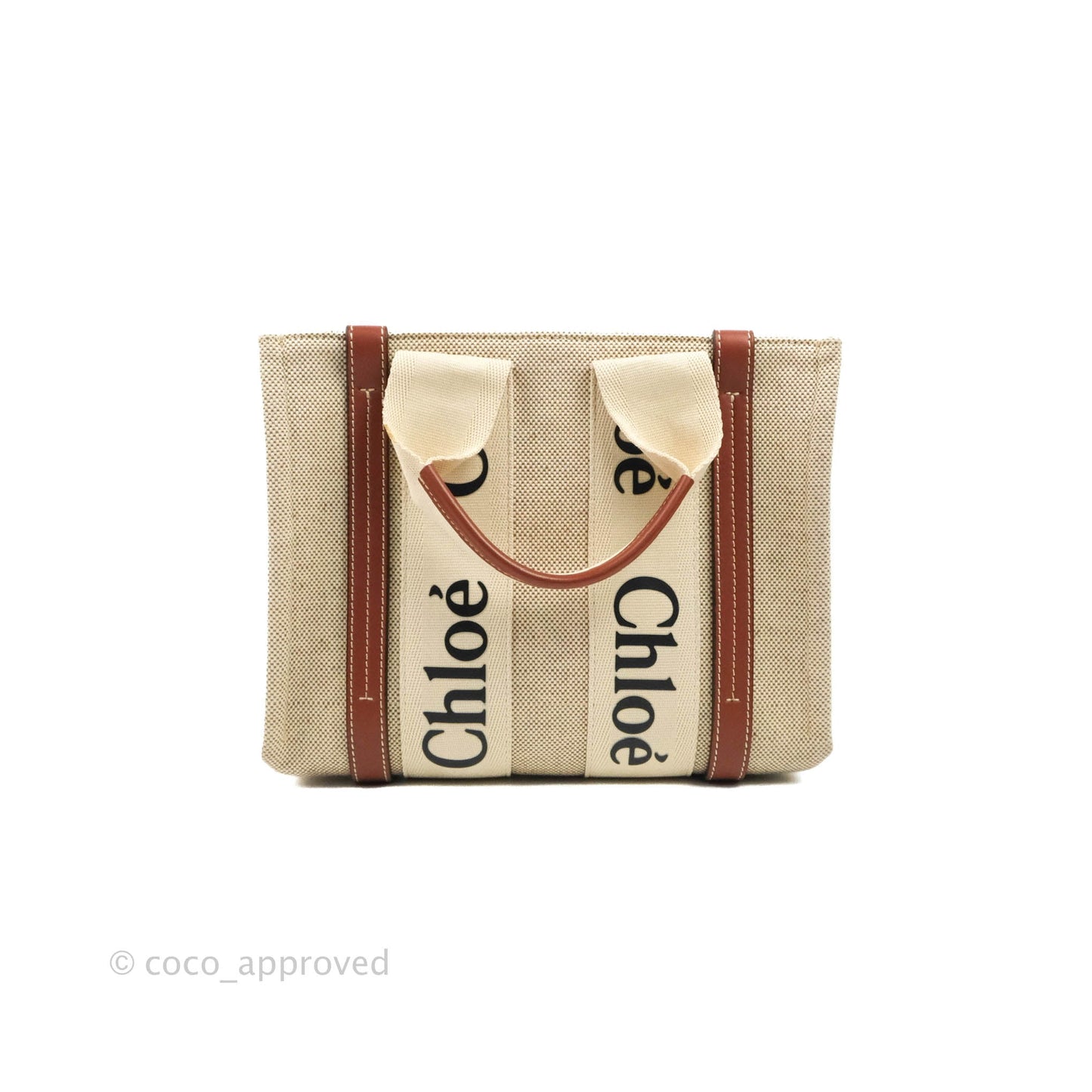 Chloe Small Woody Tote Bag Cotton Canvas & Brown Calfskin with Woody Ribbon