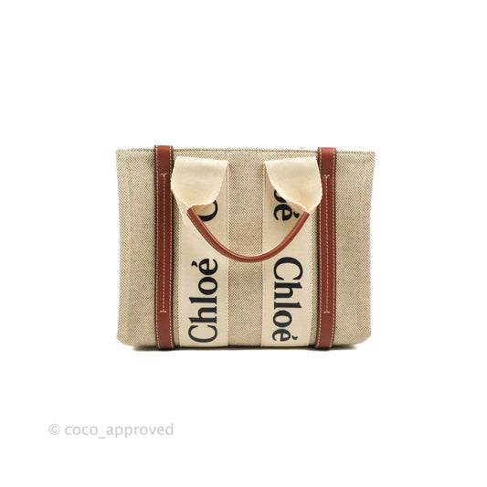 Chloe Small Woody Tote Bag Cotton Canvas & Brown Calfskin with Woody Ribbon