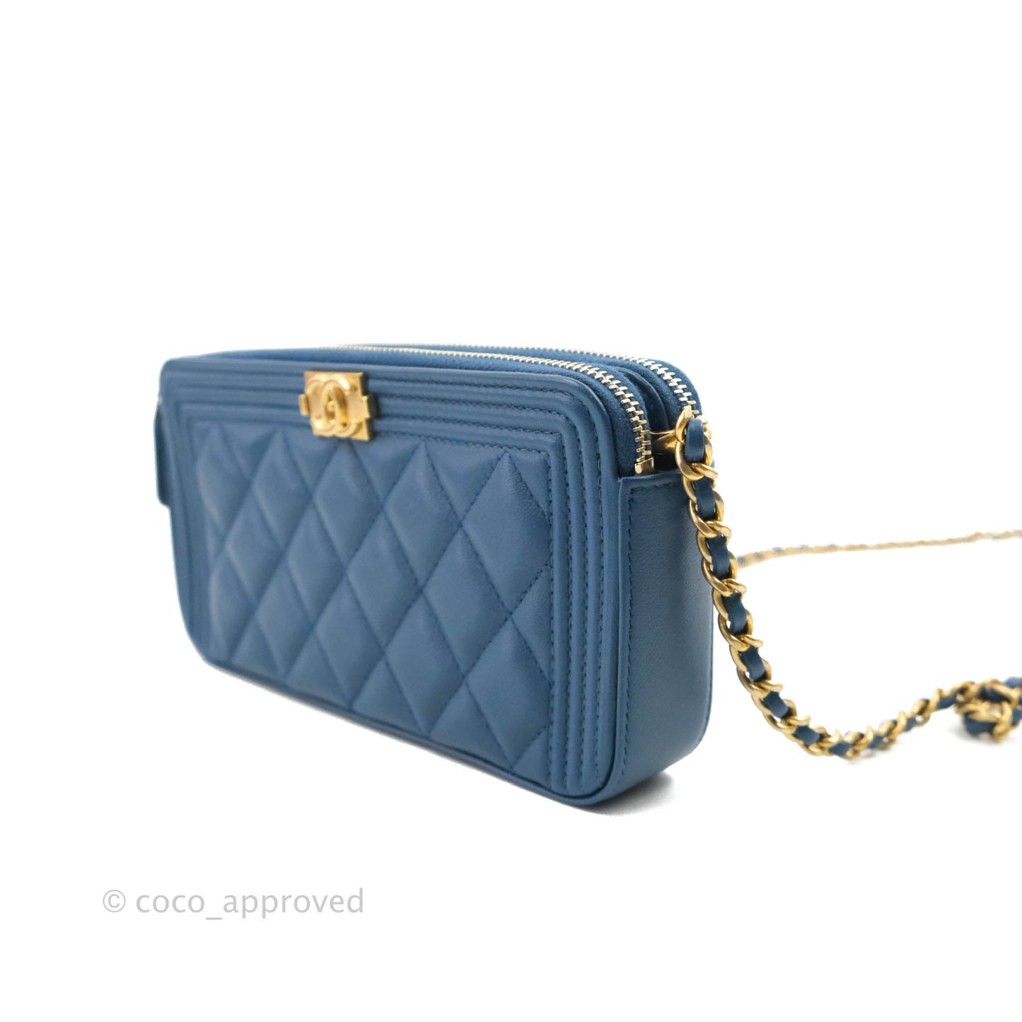 Chanel Boy Double Zip Clutch On Chain Blue Lambskin Aged Gold Hardware