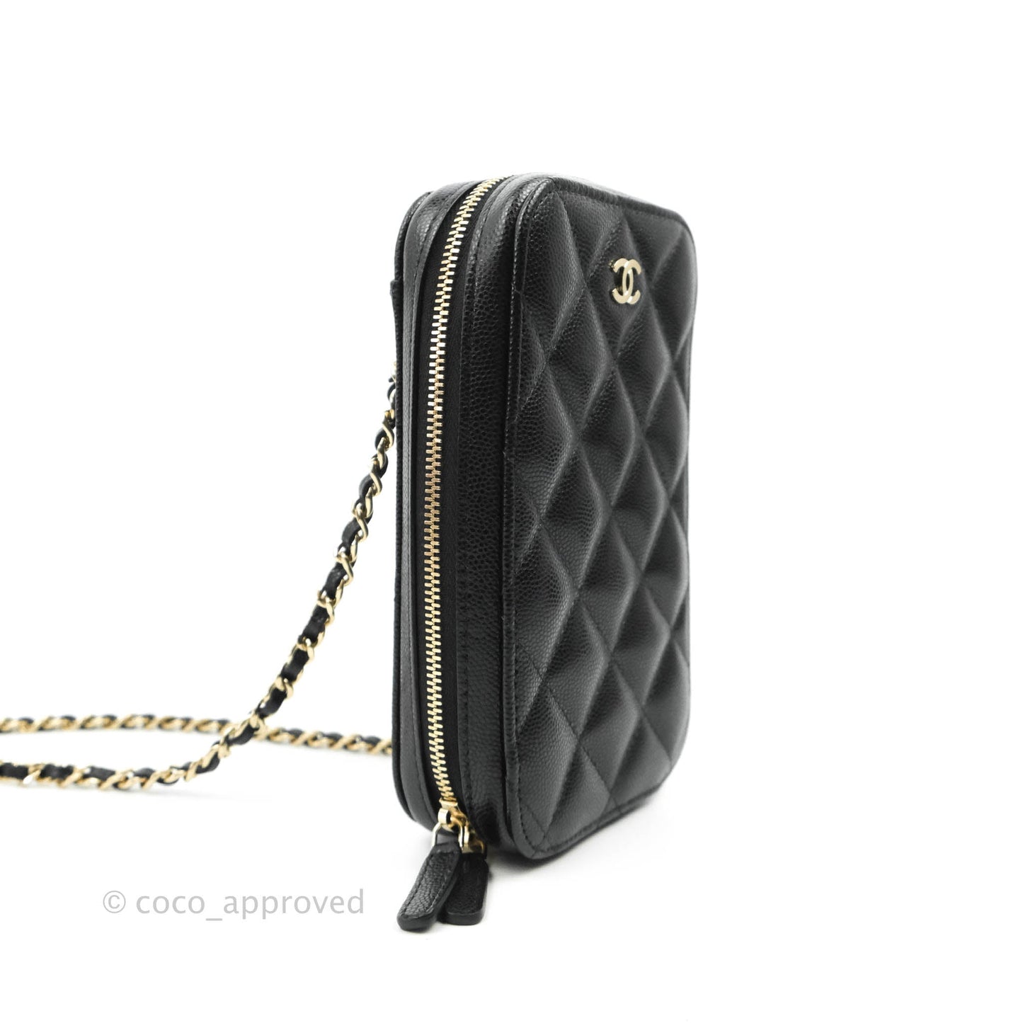 Chanel Quilted Phone Holder Black Caviar Gold Hardware