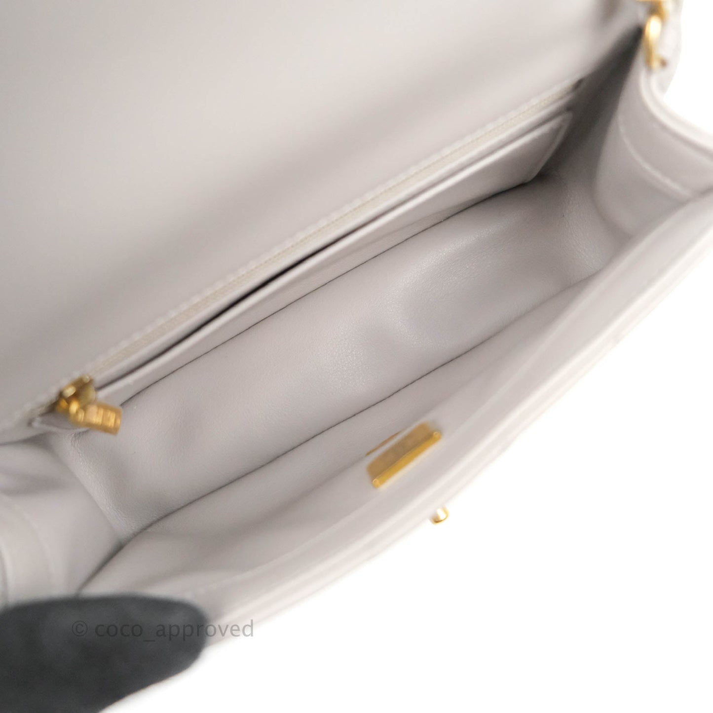 Chanel Mini Rectangular Pearl Crush Quilted Light Grey Lambskin Aged Gold Hardware 22B