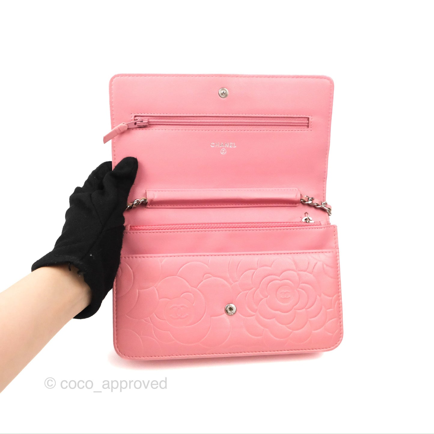 Chanel Camellia Embossed Wallet On Chain WOC Pink Lambskin Silver Hardware