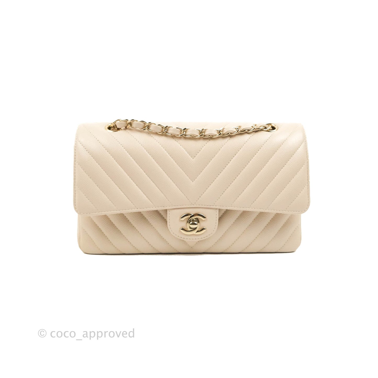 Chanel Classic M/L Medium Double Flap Chevron Ivory Caviar Gold Hardware