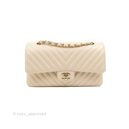 Chanel Classic M/L Medium Double Flap Chevron Ivory Caviar Gold Hardware