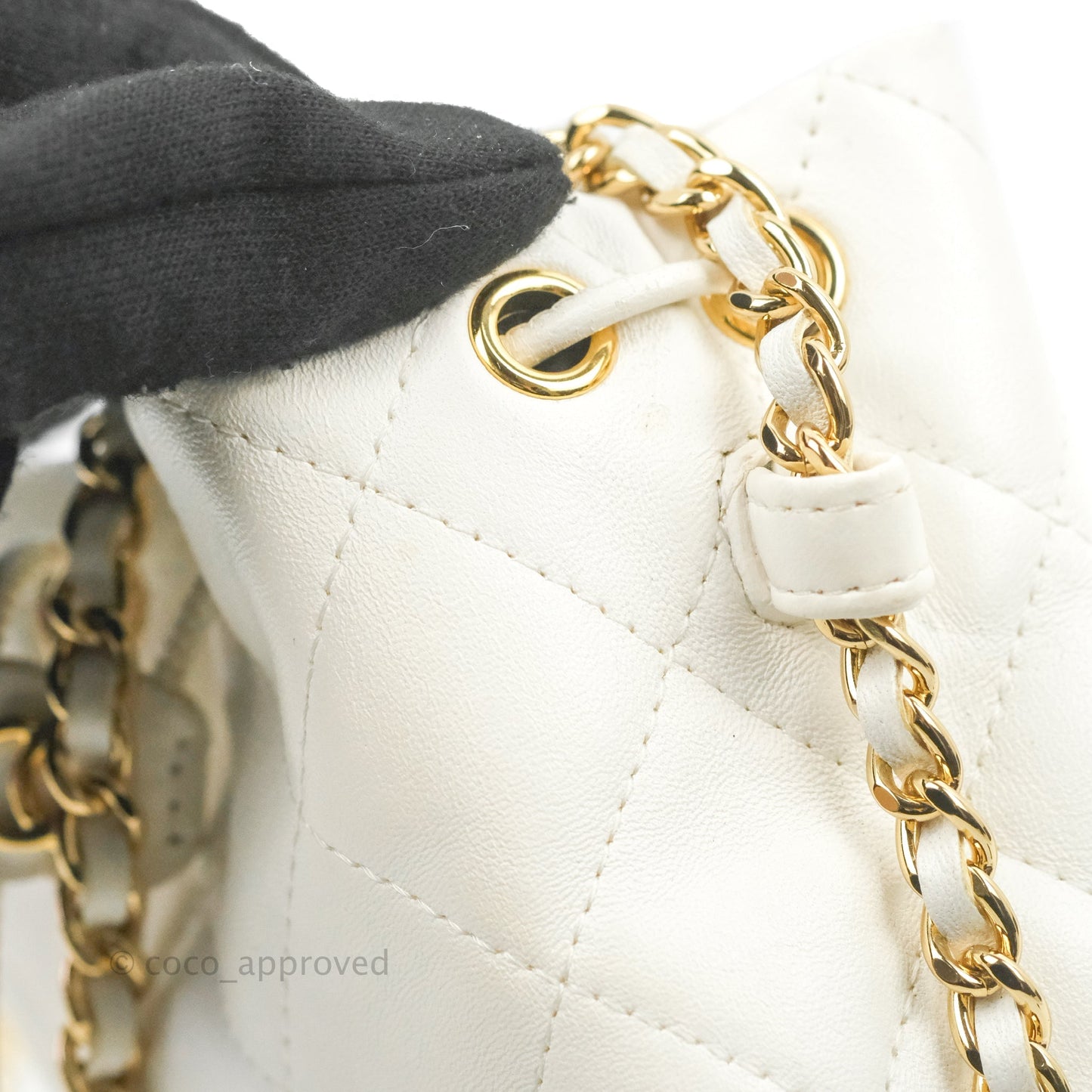 Chanel Quilted Small Drawstring Bucket Bag White Calfskin Gold Hardware