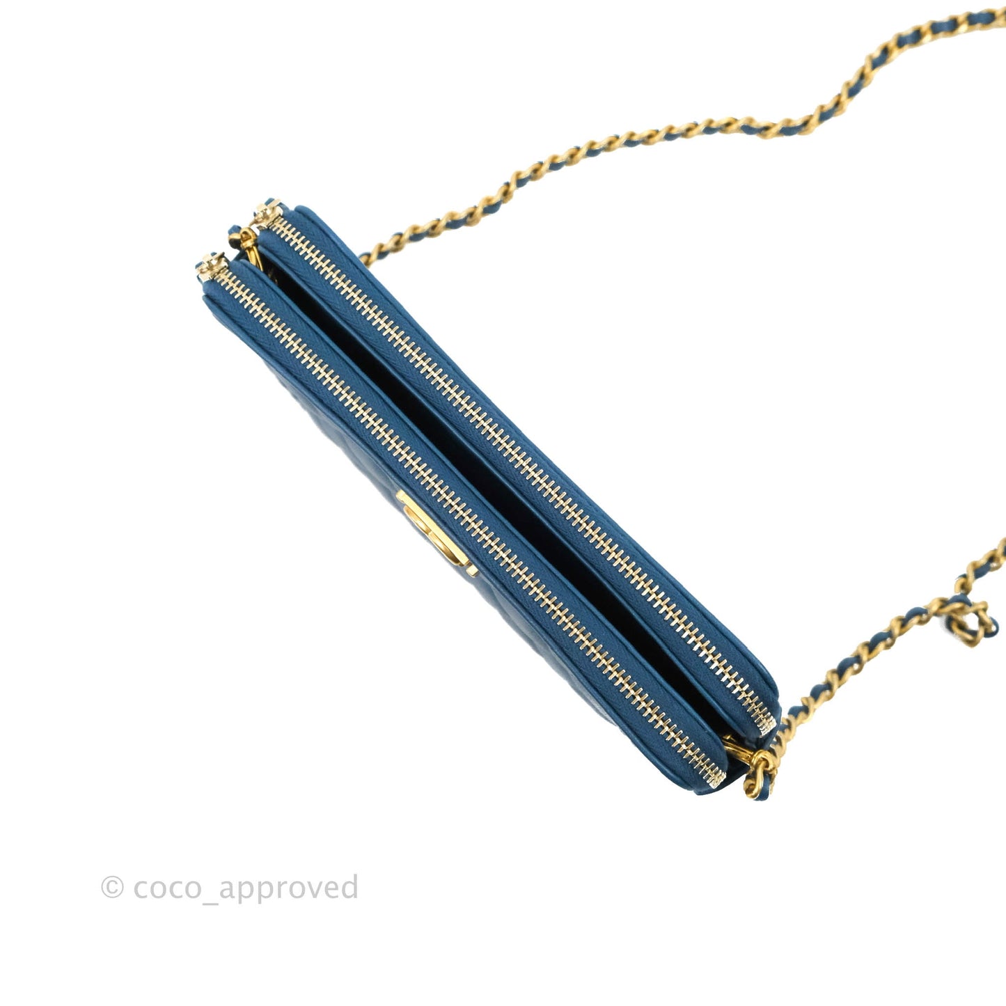 Chanel Boy Double Zip Clutch On Chain Blue Lambskin Aged Gold Hardware