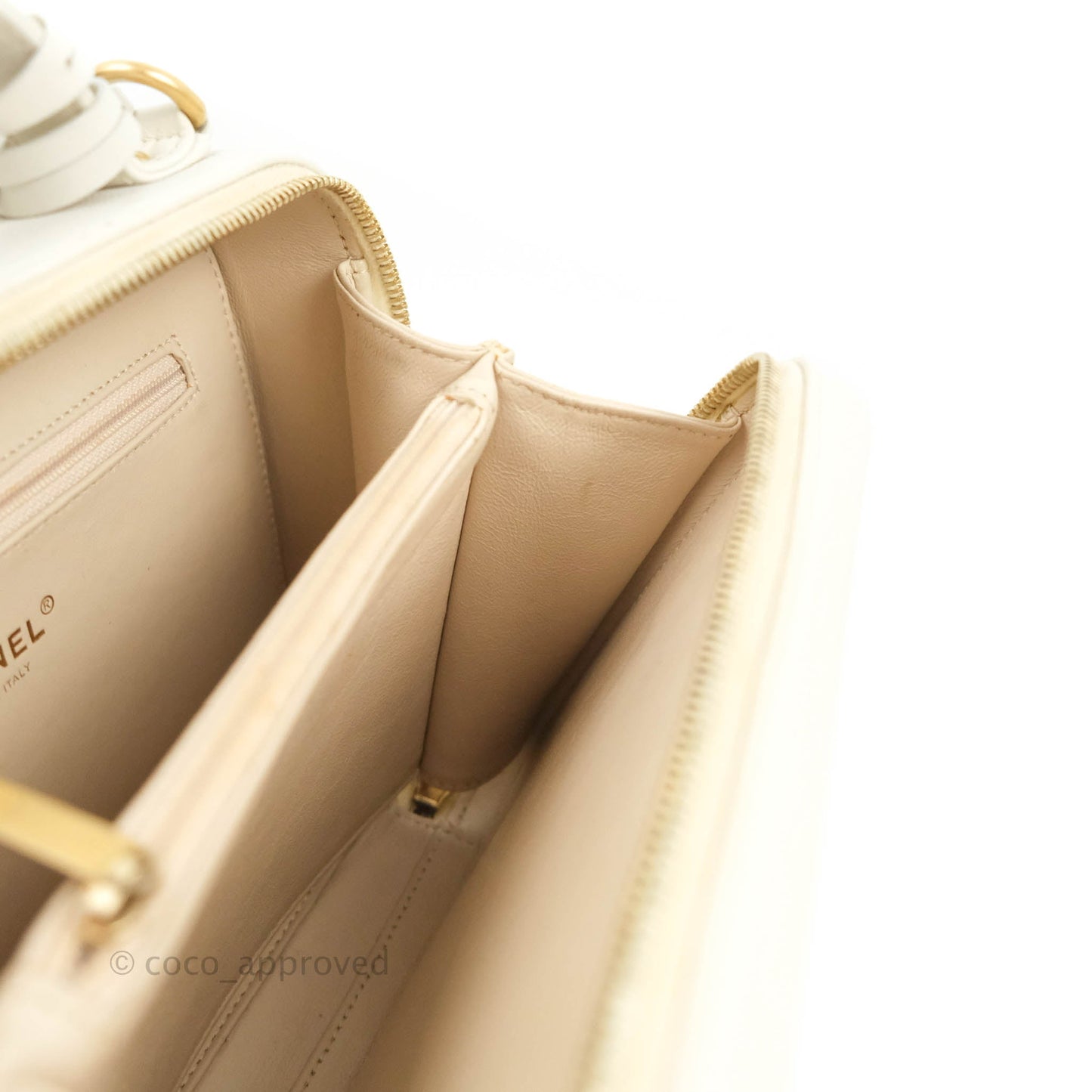 Chanel Quilted Medium CC Filigree Vanity Case White Caviar Aged Gold Hardware