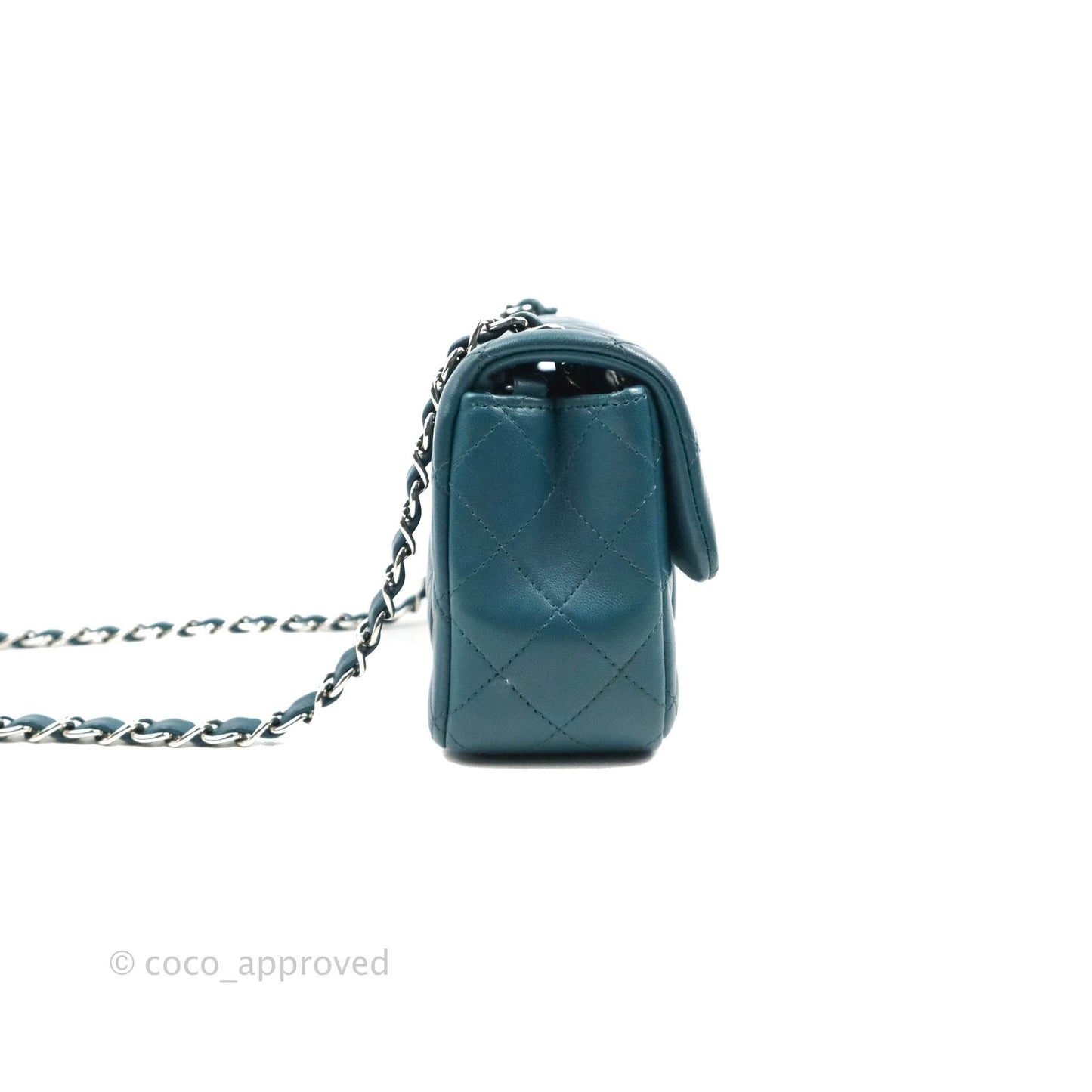 Chanel Quilted Mini Rectangular Flap Teal Lambskin Silver Hardware