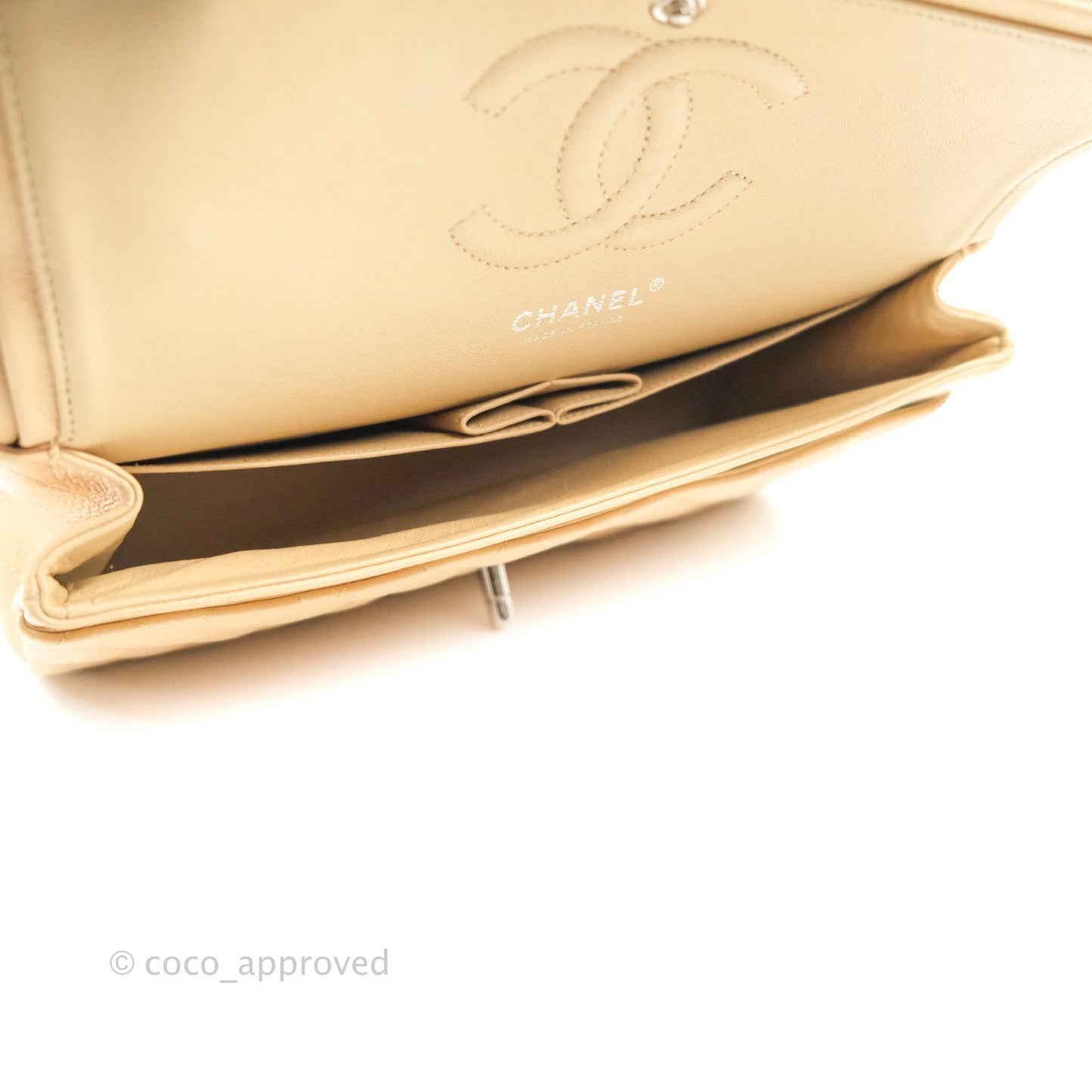 Chanel Classic M/L Medium Flap Quilted Beige Caviar Silver Hardware