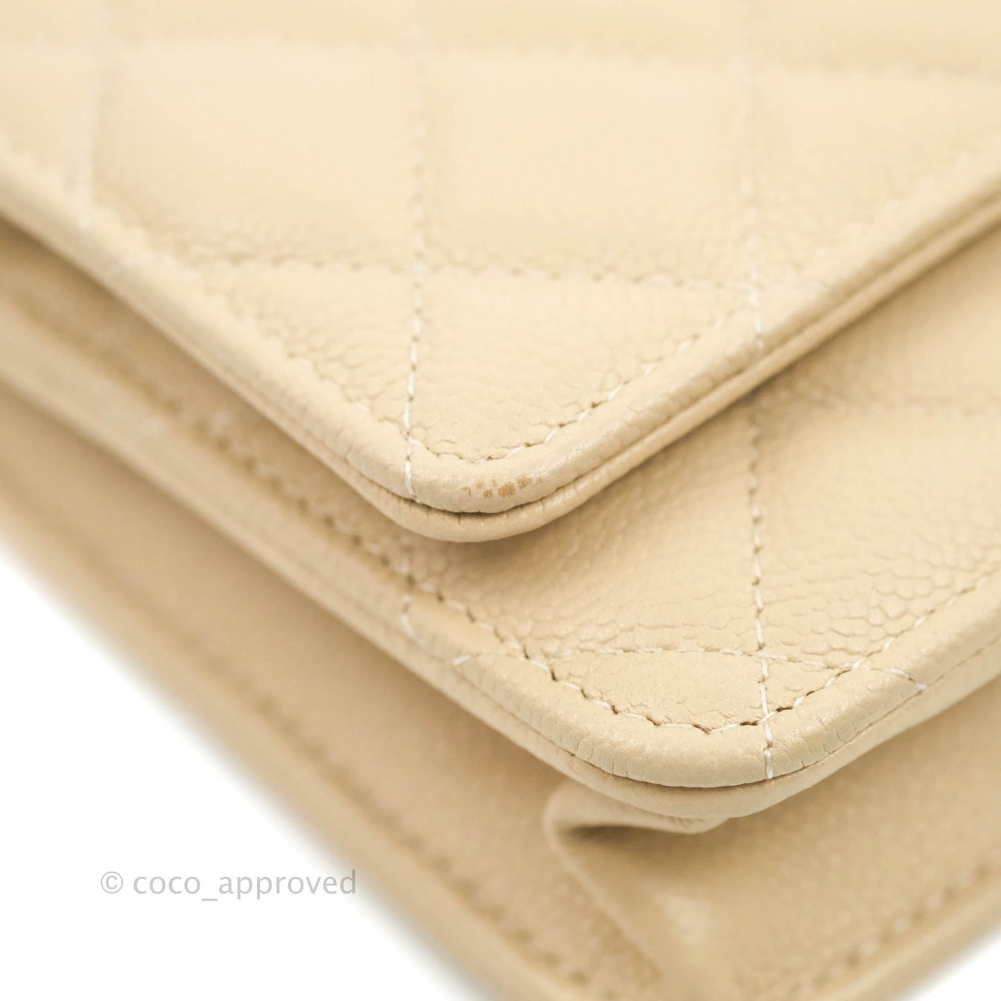 Chanel Quilted Wallet on CC Chain WOC Beige Caviar Gold Hardware