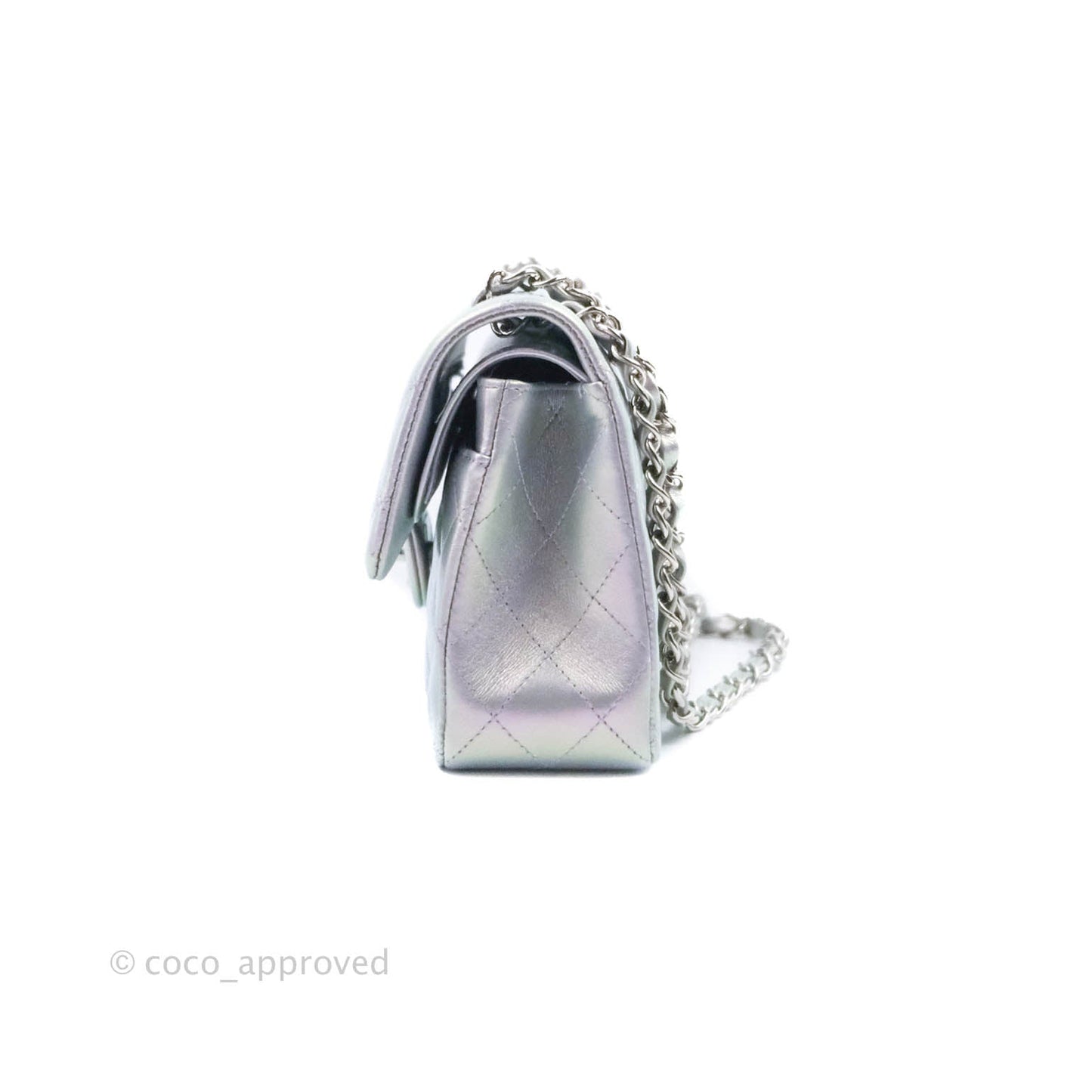 Chanel Small Classic Quilted Flap Metallic Iridescent White Lilac Silver Hardware