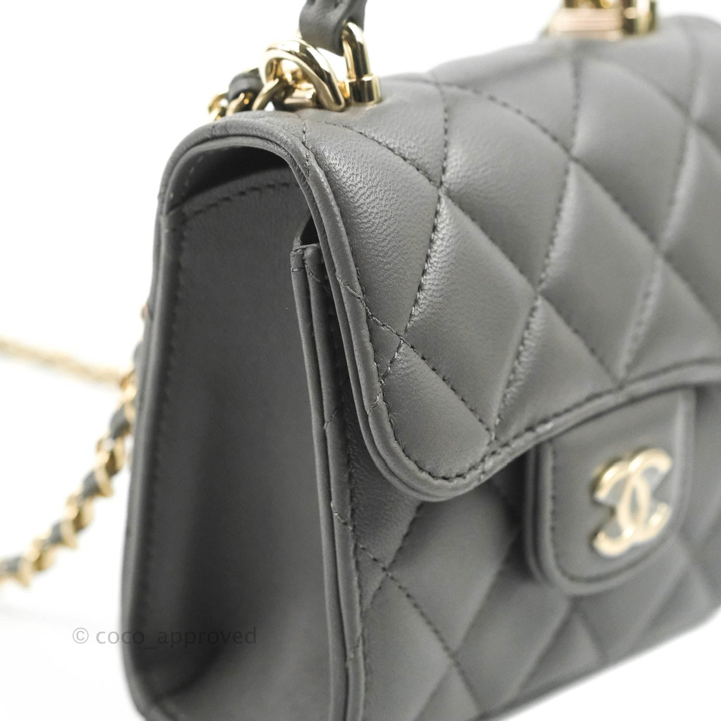 Chanel Mini Handle Clutch With Chain Grey Lambskin Gold Hardware