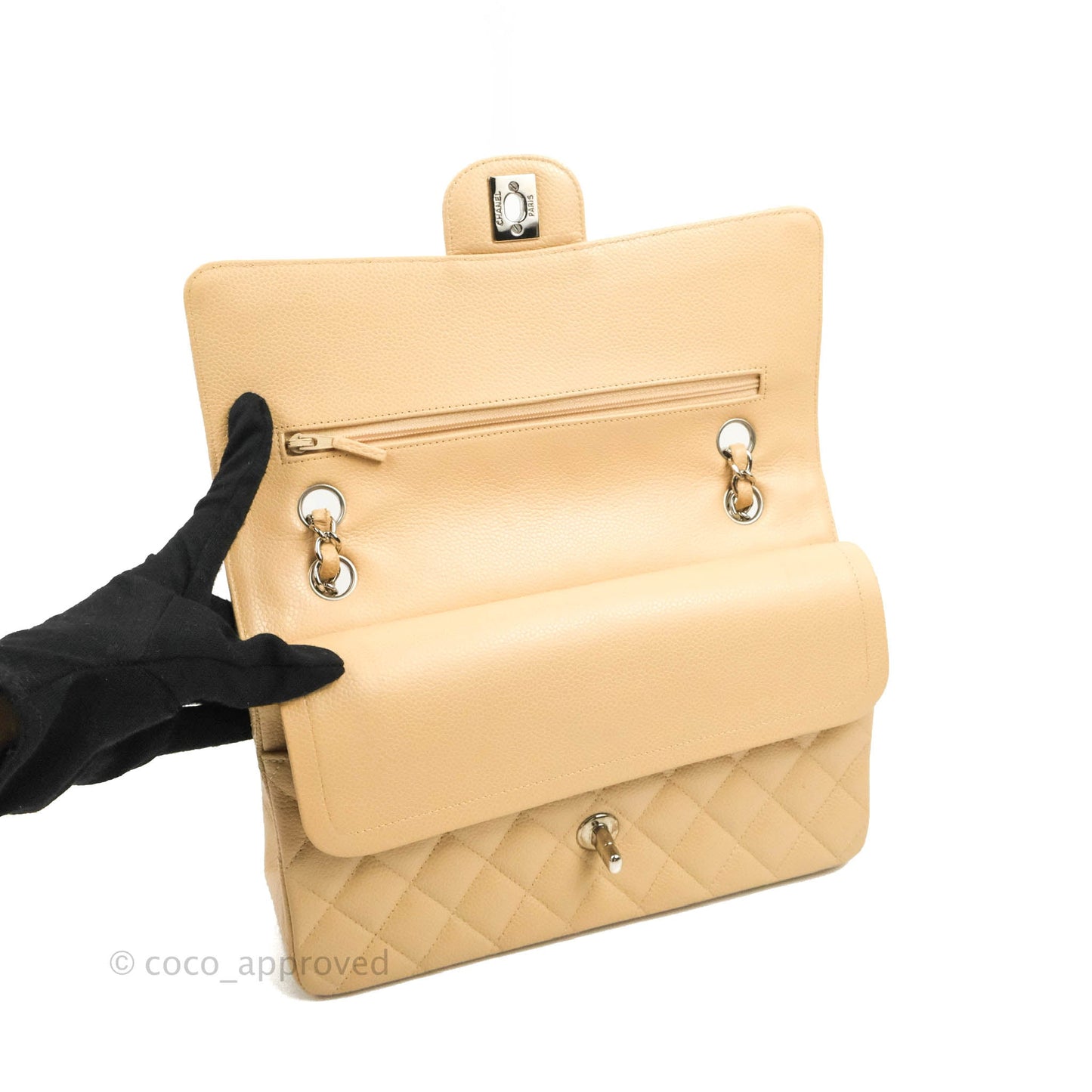 Chanel Classic M/L Medium Flap Quilted Beige Caviar Silver Hardware