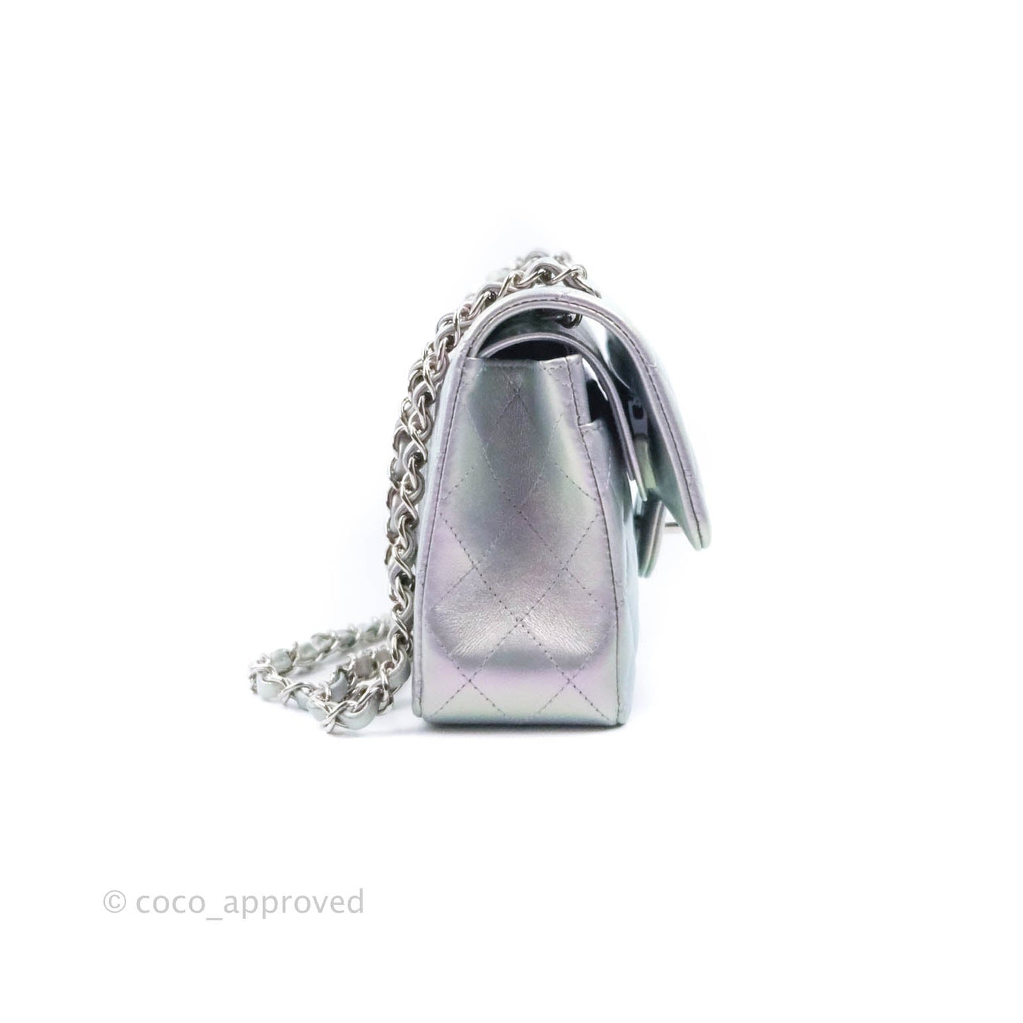 Chanel Small Classic Quilted Flap Metallic Iridescent White Lilac Silver Hardware