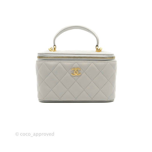 Chanel Classic Vanity Rectangular Top Handle With Chain Grey Lambskin Aged Gold Hardware