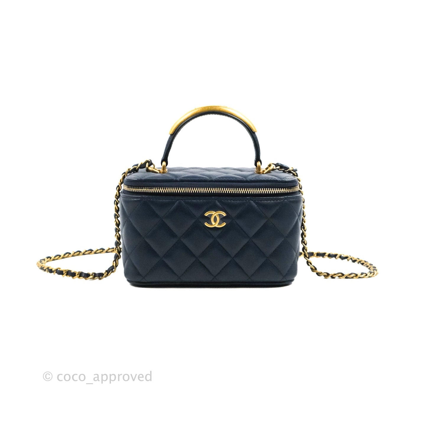 Chanel Vanity Rectangular Metal Top Handle Navy Lambskin Aged Gold Hardware 22B