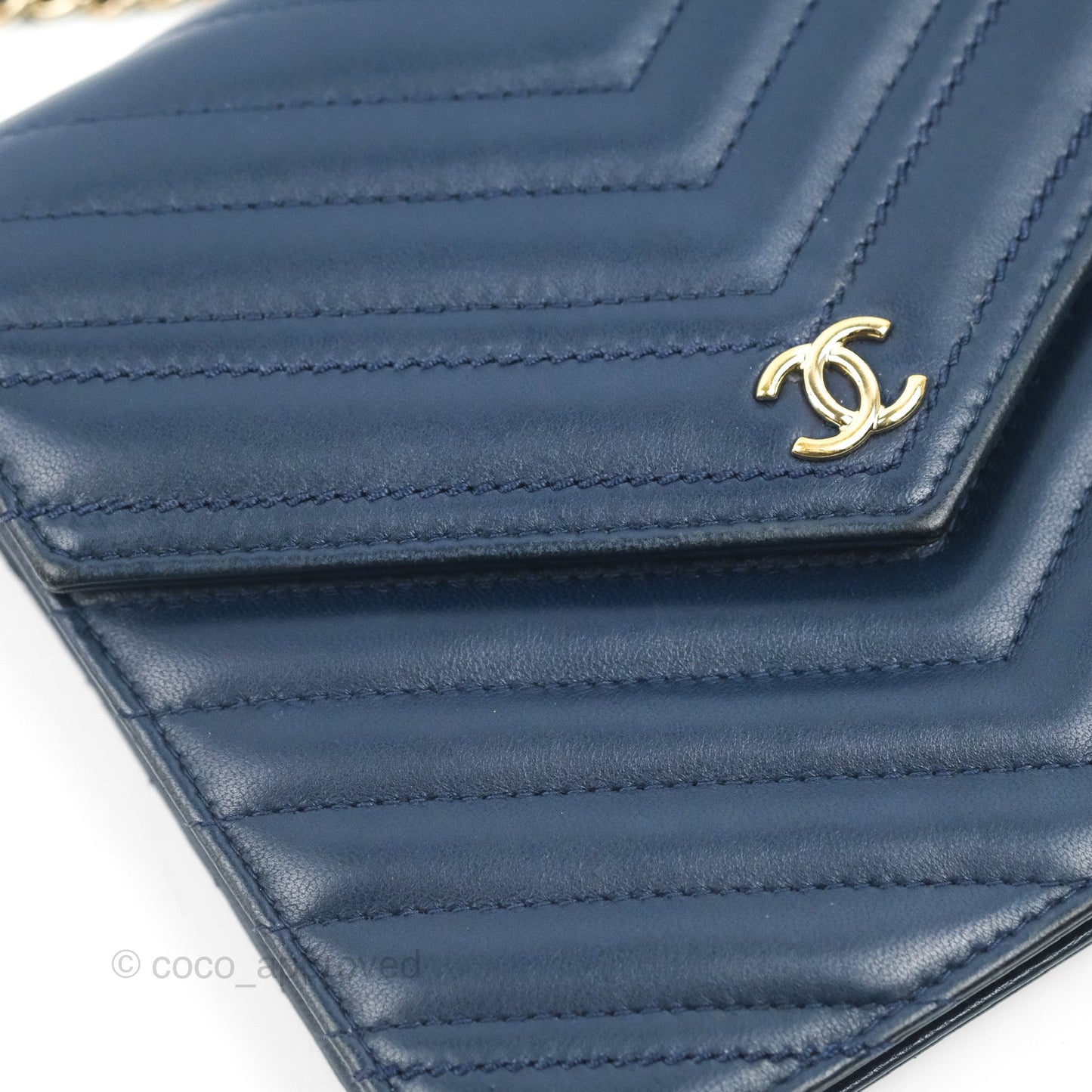 Chanel Square WOC Wallet On Chain Blue Lambskin Chevron Gold Hardware