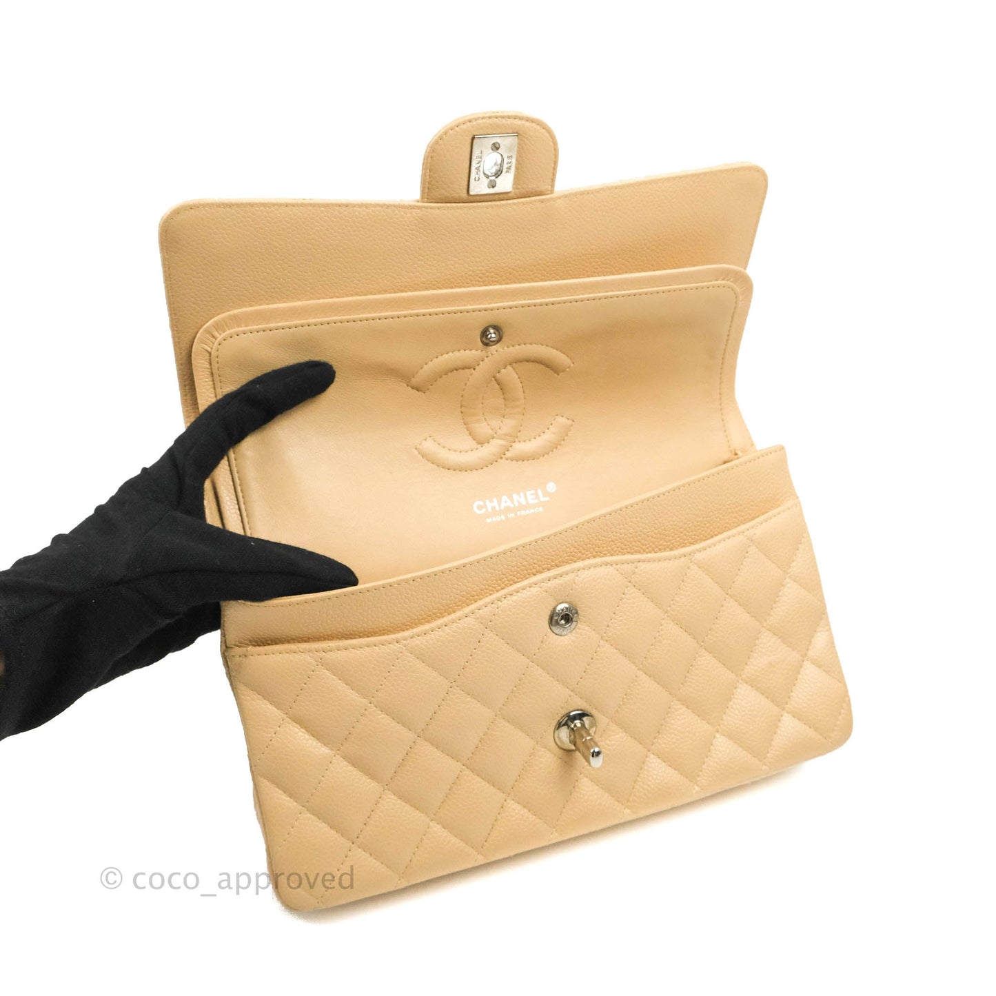 Chanel Classic M/L Medium Flap Quilted Beige Caviar Silver Hardware