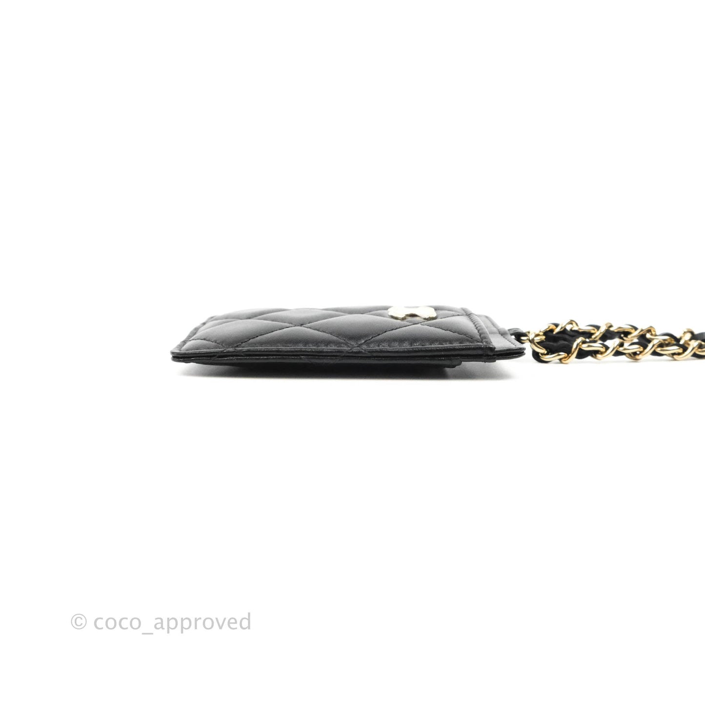 Chanel Quilted Chain Camellia Card Holder Black Lambskin Gold Hardware