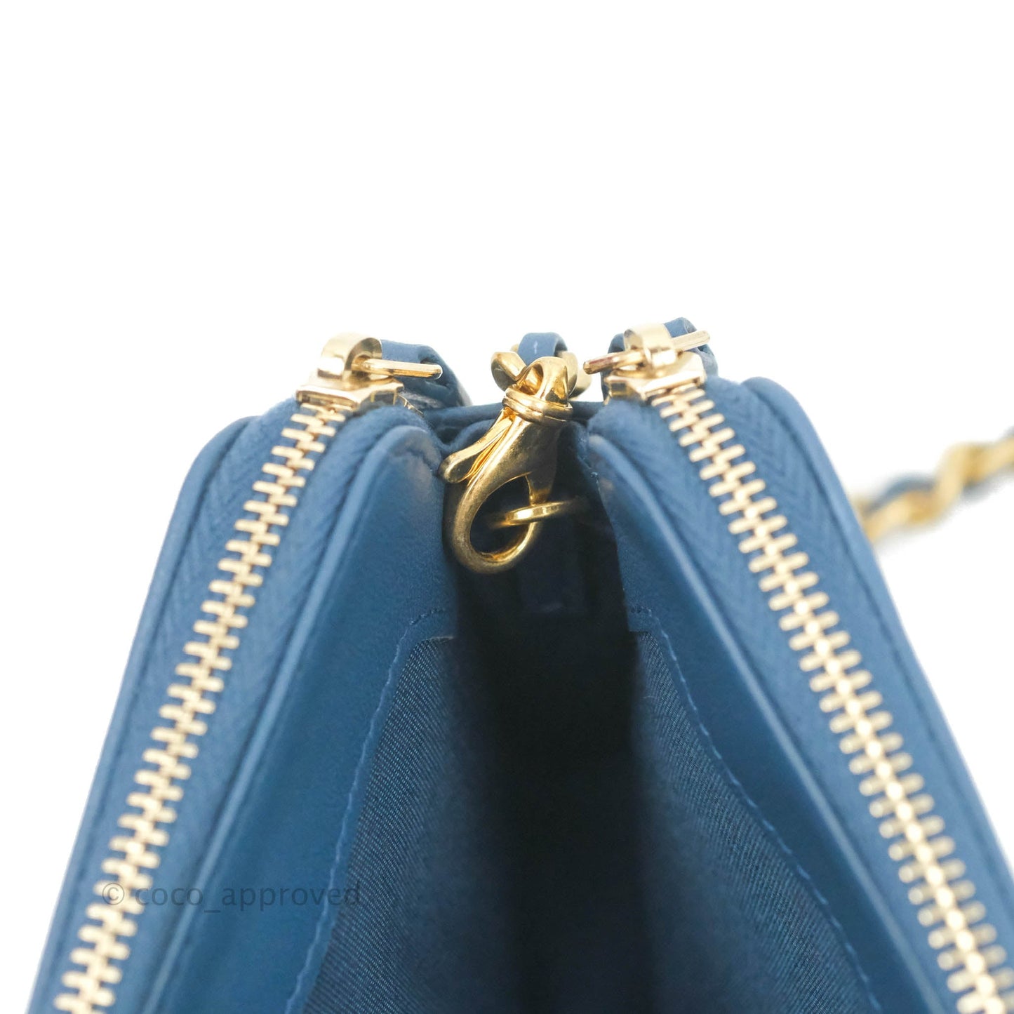 Chanel Boy Double Zip Clutch On Chain Blue Lambskin Aged Gold Hardware