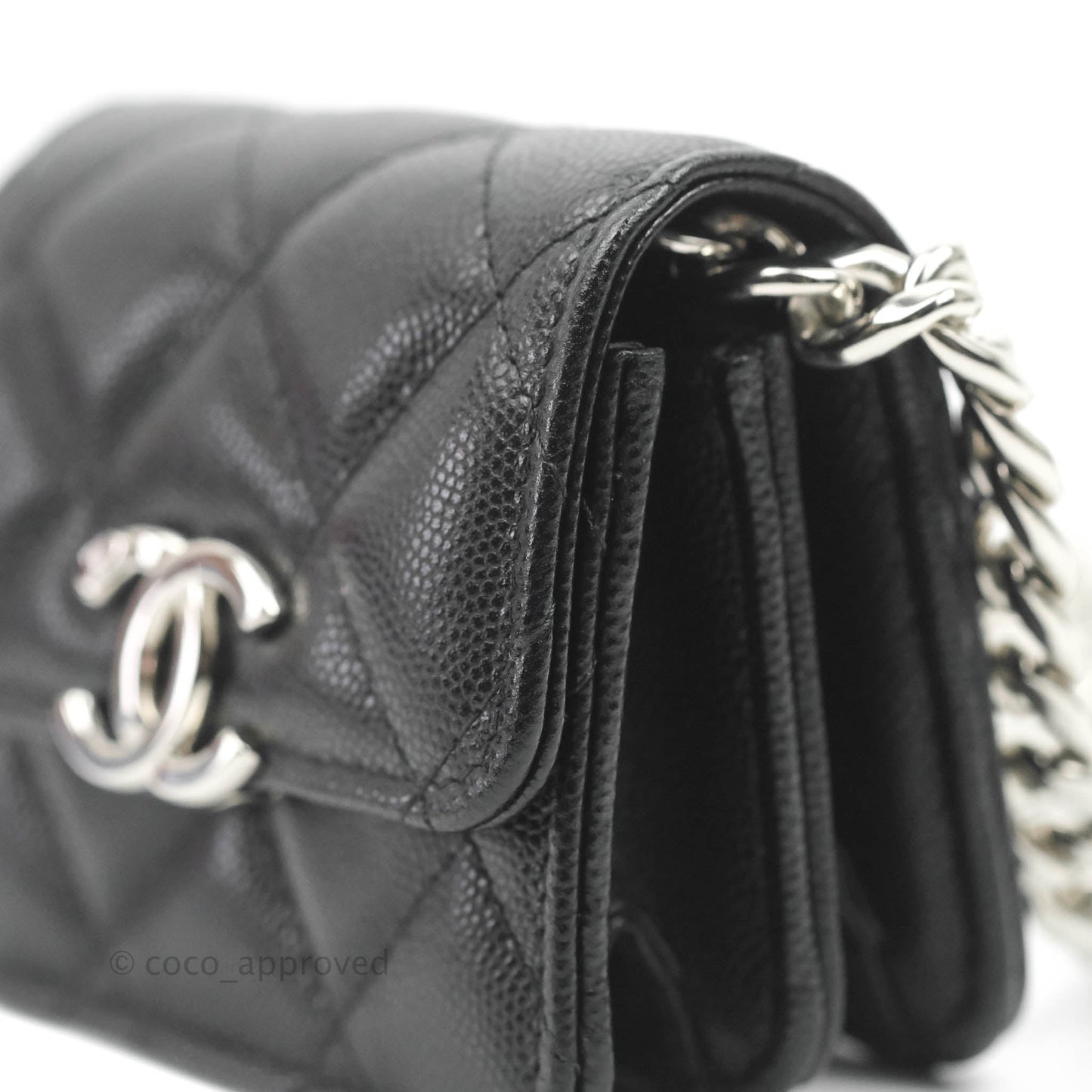 Chanel Mini Clutch With Chain Black Caviar Enamel Silver Hardware 22S