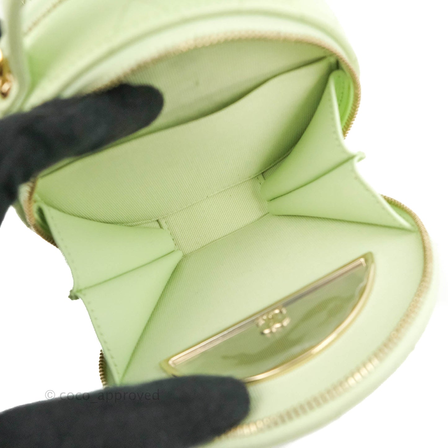 Chanel Mini Round Vanity Bag Handle With Care Light Green Caviar 22C