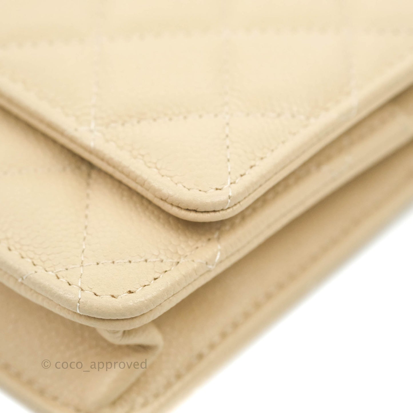 Chanel Quilted Wallet on CC Chain WOC Beige Caviar Gold Hardware